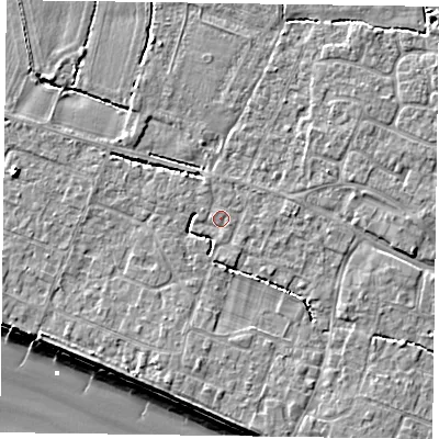 Shaded relief map of the ground around PO208HD, computed from Environment Agency LiDAR. The ground here sits at about 5 m above sea level and falls 9 m across the surrounding 800 m. Surface water reaching this point runs off ground lying to the south-south-west, 2.6 m higher.