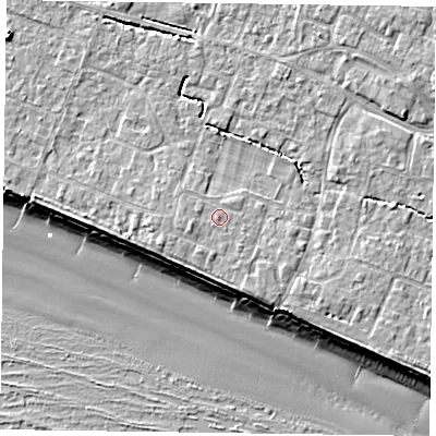 Shaded relief map of the ground around PO208HE, computed from Environment Agency LiDAR. The ground here sits at about 6 m above sea level and falls 9 m across the surrounding 800 m. Surface water reaching this point runs off ground lying to the west-south-west, 0.9 m higher.