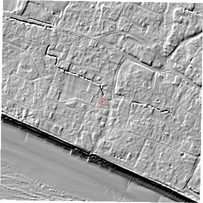 Shaded relief map of the ground around PO208HF, computed from Environment Agency LiDAR. The ground here sits at about 5 m above sea level and falls 9 m across the surrounding 800 m. Surface water reaching this point runs off ground lying to the west-south-west, 1.7 m higher.