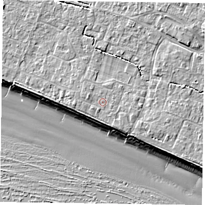 Shaded relief map of the ground around PO208HG, computed from Environment Agency LiDAR. The ground here sits at about 6 m above sea level and falls 9 m across the surrounding 800 m. The ground contributing surface water to this point lies to the east-south-east.