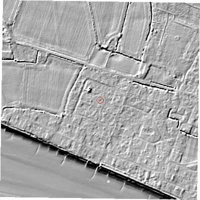 Shaded relief map of the ground around PO208HJ, computed from Environment Agency LiDAR. The ground here sits at about 5 m above sea level and falls 9 m across the surrounding 800 m. The ground contributing surface water to this point lies to the east.