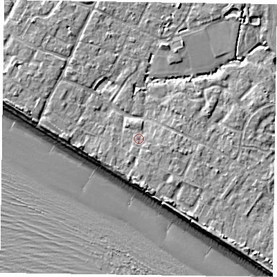 Shaded relief map of the ground around PO208HL, computed from Environment Agency LiDAR. The ground here sits at about 5 m above sea level and falls 9 m across the surrounding 800 m. Surface water reaching this point runs off ground lying to the south, 1.1 m higher.