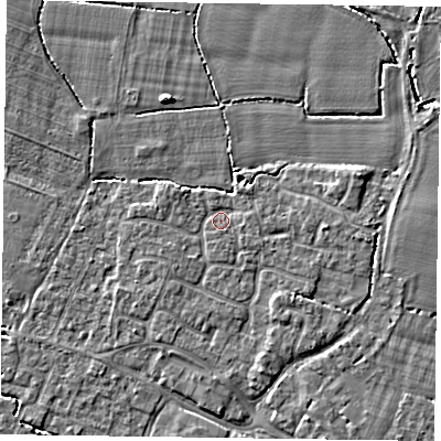 Shaded relief map of the ground around PO208HN, computed from Environment Agency LiDAR. The ground here sits at about 5 m above sea level and falls 4 m across the surrounding 800 m. Surface water reaching this point runs off ground lying to the south-south-east, 1.6 m higher.