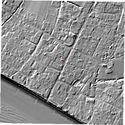 Shaded relief map of the ground around PO208HP, computed from Environment Agency LiDAR. The ground here sits at about 5 m above sea level and falls 9 m across the surrounding 800 m. Surface water reaching this point runs off ground lying to the north-north-east, 1.8 m higher.