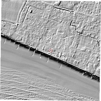 Shaded relief map of the ground around PO208HQ, computed from Environment Agency LiDAR. The ground here sits at about 5 m above sea level and falls 9 m across the surrounding 800 m. Surface water reaching this point runs off ground lying to the east-south-east, 1.1 m higher.