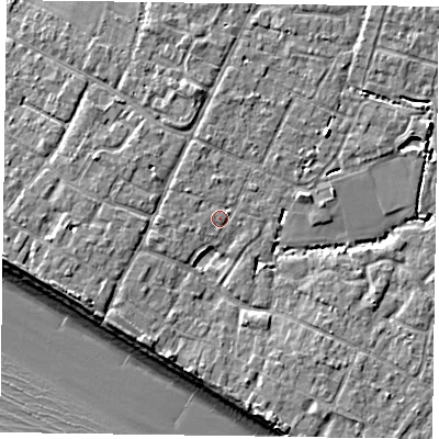 Shaded relief map of the ground around PO208HR, computed from Environment Agency LiDAR. The ground here sits at about 5 m above sea level and falls 9 m across the surrounding 800 m. Surface water reaching this point runs off ground lying to the north-north-west, 1.1 m higher.