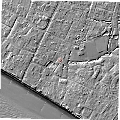 Shaded relief map of the ground around PO208HS, computed from Environment Agency LiDAR. The ground here sits at about 5 m above sea level and falls 9 m across the surrounding 800 m. Surface water reaching this point runs off ground lying to the north-north-west, 1.3 m higher.