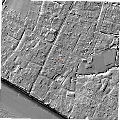 Shaded relief map of the ground around PO208HT, computed from Environment Agency LiDAR. The ground here sits at about 5 m above sea level and falls 9 m across the surrounding 800 m. Surface water reaching this point runs off ground lying to the west, 0.7 m higher.