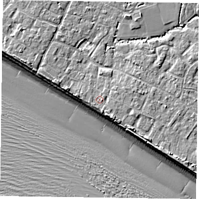 Shaded relief map of the ground around PO208JH, computed from Environment Agency LiDAR. The ground here sits at about 5 m above sea level and falls 8 m across the surrounding 800 m. Surface water reaching this point runs off ground lying to the south-south-east, 1.0 m higher.