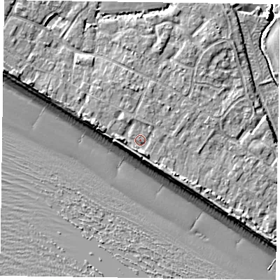 Shaded relief map of the ground around PO208JJ, computed from Environment Agency LiDAR. The ground here sits at about 5 m above sea level and falls 8 m across the surrounding 800 m. Surface water reaching this point runs off ground lying to the west-north-west, 1.7 m higher.