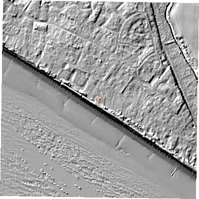 Shaded relief map of the ground around PO208JN, computed from Environment Agency LiDAR. The ground here sits at about 5 m above sea level and falls 8 m across the surrounding 800 m. Surface water reaching this point runs off ground lying to the south-south-east, 2.1 m higher.