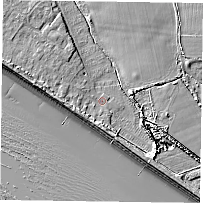 Shaded relief map of the ground around PO208JP, computed from Environment Agency LiDAR. The ground here sits at about 2 m above sea level and falls 9 m across the surrounding 800 m. Surface water reaching this point runs off ground lying to the west, 3.5 m higher.