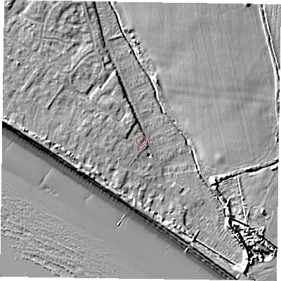 Shaded relief map of the ground around PO208JR, computed from Environment Agency LiDAR. The ground here sits at about 3 m above sea level and falls 9 m across the surrounding 800 m. Surface water reaching this point runs off ground lying to the west, 4.1 m higher.