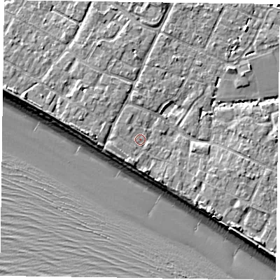 Shaded relief map of the ground around PO208JS, computed from Environment Agency LiDAR. The ground here sits at about 5 m above sea level and falls 9 m across the surrounding 800 m. Surface water reaching this point runs off ground lying to the south-south-west, 1.3 m higher.