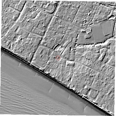 Shaded relief map of the ground around PO208JU, computed from Environment Agency LiDAR. The ground here sits at about 4 m above sea level and falls 9 m across the surrounding 800 m. Surface water reaching this point runs off ground lying to the south-west, 2.1 m higher.