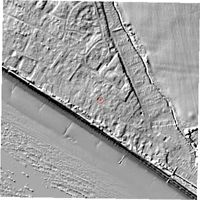 Shaded relief map of the ground around PO208JW, computed from Environment Agency LiDAR. The ground here sits at about 4 m above sea level and falls 8 m across the surrounding 800 m. Surface water reaching this point runs off ground lying to the south-west, 1.4 m higher.