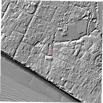 Shaded relief map of the ground around PO208JX, computed from Environment Agency LiDAR. The ground here sits at about 4 m above sea level and falls 9 m across the surrounding 800 m. Surface water reaching this point runs off ground lying to the north-north-west, 3.1 m higher.