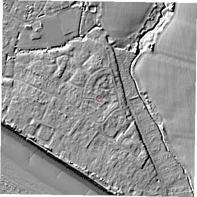 Shaded relief map of the ground around PO208JZ, computed from Environment Agency LiDAR. The ground here sits at about 4 m above sea level and falls 9 m across the surrounding 800 m. Surface water reaching this point runs off ground lying to the west, 1.3 m higher.