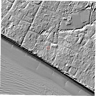 Shaded relief map of the ground around PO208LA, computed from Environment Agency LiDAR. The ground here sits at about 4 m above sea level and falls 9 m across the surrounding 800 m. Surface water reaching this point runs off ground lying to the south-south-east, 1.7 m higher.