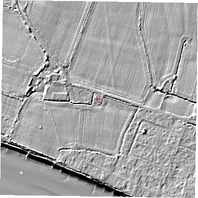 Shaded relief map of the ground around PO208LG, computed from Environment Agency LiDAR. The ground here sits at about 5 m above sea level and falls 9 m across the surrounding 800 m. Surface water reaching this point runs off ground lying to the west-north-west, 3.5 m higher.