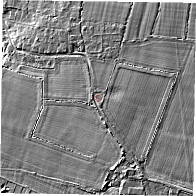 Shaded relief map of the ground around PO208LQ, computed from Environment Agency LiDAR. The ground here sits at about 6 m above sea level and falls 6 m across the surrounding 800 m. Surface water reaching this point runs off ground lying to the west-north-west, 0.9 m higher.