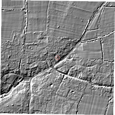 Shaded relief map of the ground around PO208LT, computed from Environment Agency LiDAR. The ground here sits at about 5 m above sea level and falls 7 m across the surrounding 800 m. Surface water reaching this point runs off ground lying to the north, 1.6 m higher.