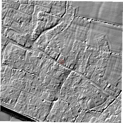 Shaded relief map of the ground around PO208NH, computed from Environment Agency LiDAR. The ground here sits at about 6 m above sea level and falls 8 m across the surrounding 800 m. Surface water reaching this point runs off ground lying to the north-west, 1.6 m higher.