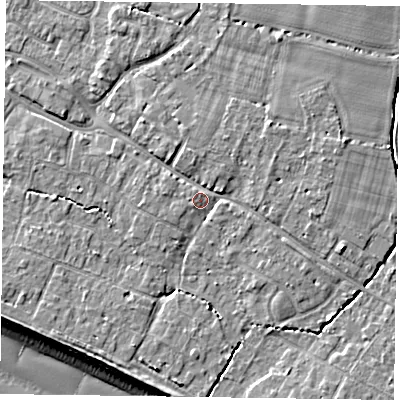 Shaded relief map of the ground around PO208NJ, computed from Environment Agency LiDAR. The ground here sits at about 5 m above sea level and falls 9 m across the surrounding 800 m. Surface water reaching this point runs off ground lying to the north-west, 1.7 m higher.