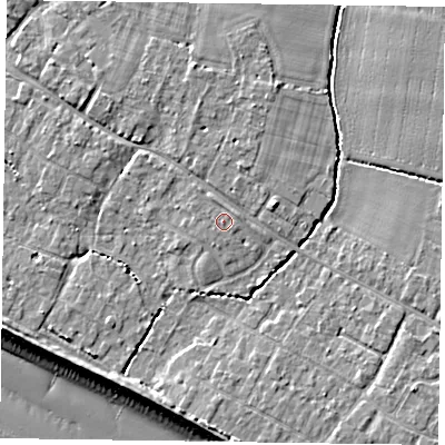 Shaded relief map of the ground around PO208NR, computed from Environment Agency LiDAR. The ground here sits at about 5 m above sea level and falls 9 m across the surrounding 800 m. The ground contributing surface water to this point lies to the south-east.