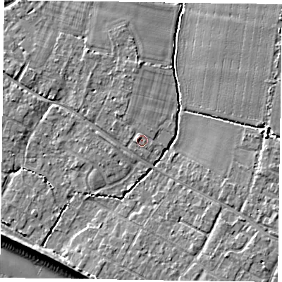 Shaded relief map of the ground around PO208NS, computed from Environment Agency LiDAR. The ground here sits at about 5 m above sea level and falls 9 m across the surrounding 800 m. Surface water reaching this point runs off ground lying to the west-north-west, 2.0 m higher.