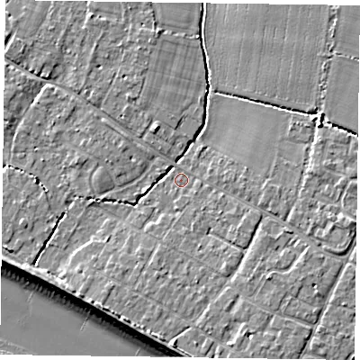 Shaded relief map of the ground around PO208NT, computed from Environment Agency LiDAR. The ground here sits at about 4 m above sea level and falls 9 m across the surrounding 800 m. Surface water reaching this point runs off ground lying to the south-south-west, 2.9 m higher.