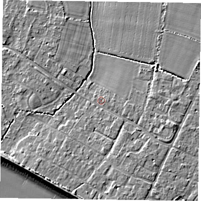 Shaded relief map of the ground around PO208NU, computed from Environment Agency LiDAR. The ground here sits at about 5 m above sea level and falls 9 m across the surrounding 800 m. Surface water reaching this point runs off ground lying to the east-south-east, 1.9 m higher.