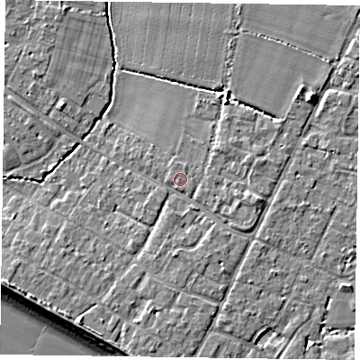 Shaded relief map of the ground around PO208NX, computed from Environment Agency LiDAR. The ground here sits at about 5 m above sea level and falls 9 m across the surrounding 800 m. The ground contributing surface water to this point lies to the north.