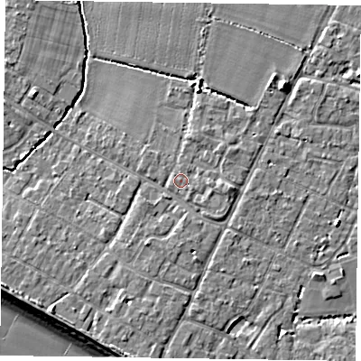 Shaded relief map of the ground around PO208NY, computed from Environment Agency LiDAR. The ground here sits at about 5 m above sea level and falls 9 m across the surrounding 800 m. Surface water reaching this point runs off ground lying to the east, 1.5 m higher.