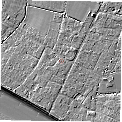 Shaded relief map of the ground around PO208NZ, computed from Environment Agency LiDAR. The ground here sits at about 6 m above sea level and falls 9 m across the surrounding 800 m. Surface water reaching this point runs off ground lying to the north-east, 1.2 m higher.