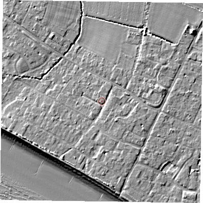Shaded relief map of the ground around PO208PA, computed from Environment Agency LiDAR. The ground here sits at about 5 m above sea level and falls 10 m across the surrounding 800 m. Surface water reaching this point runs off ground lying to the west-south-west, 2.1 m higher.