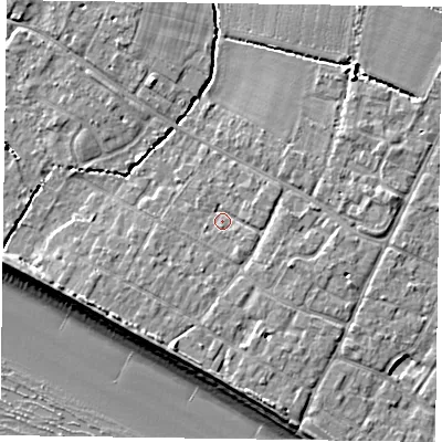 Shaded relief map of the ground around PO208PB, computed from Environment Agency LiDAR. The ground here sits at about 5 m above sea level and falls 9 m across the surrounding 800 m. Surface water reaching this point runs off ground lying to the west-south-west, 2.4 m higher.