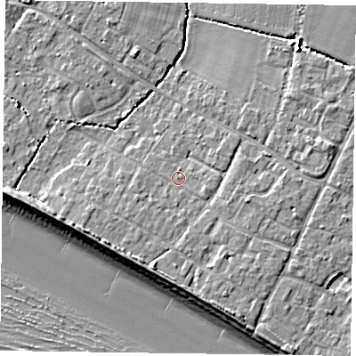 Shaded relief map of the ground around PO208PD, computed from Environment Agency LiDAR. The ground here sits at about 5 m above sea level and falls 9 m across the surrounding 800 m. Surface water reaching this point runs off ground lying to the west-south-west, 0.7 m higher.