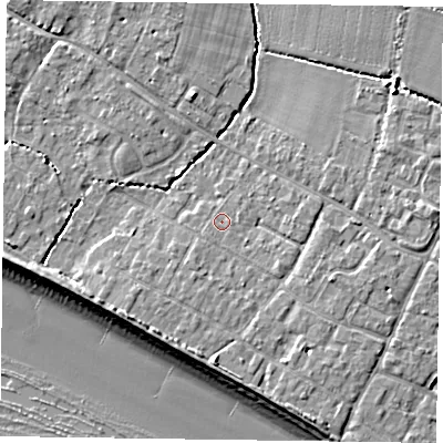 Shaded relief map of the ground around PO208PE, computed from Environment Agency LiDAR. The ground here sits at about 5 m above sea level and falls 10 m across the surrounding 800 m. Surface water reaching this point runs off ground lying to the south-west, 2.4 m higher.