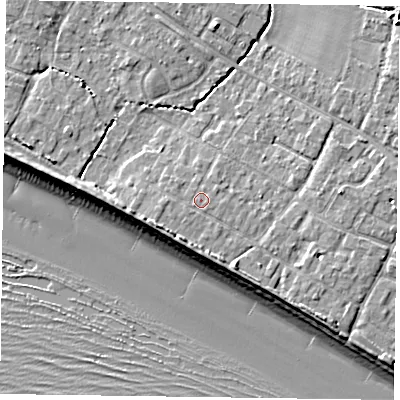 Shaded relief map of the ground around PO208PF, computed from Environment Agency LiDAR. The ground here sits at about 5 m above sea level and falls 10 m across the surrounding 800 m. The ground contributing surface water to this point lies to the south-west.