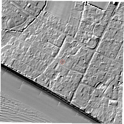 Shaded relief map of the ground around PO208PG, computed from Environment Agency LiDAR. The ground here sits at about 5 m above sea level and falls 10 m across the surrounding 800 m. Surface water reaching this point runs off ground lying to the north-east, 1.2 m higher.