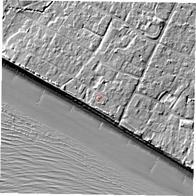 Shaded relief map of the ground around PO208PH, computed from Environment Agency LiDAR. The ground here sits at about 6 m above sea level and falls 9 m across the surrounding 800 m. The ground contributing surface water to this point lies to the north-north-east.
