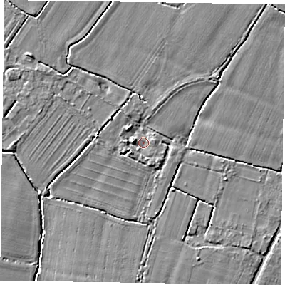 Shaded relief map of the ground around PO208PJ, computed from Environment Agency LiDAR. The ground here sits at about 5 m above sea level and falls 4 m across the surrounding 800 m. Surface water reaching this point runs off ground lying to the west, 2.2 m higher.