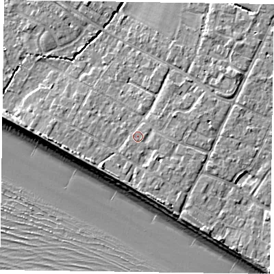 Shaded relief map of the ground around PO208PP, computed from Environment Agency LiDAR. The ground here sits at about 5 m above sea level and falls 9 m across the surrounding 800 m. Surface water reaching this point runs off ground lying to the west, 1.8 m higher.
