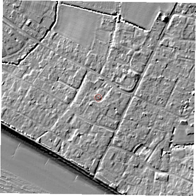 Shaded relief map of the ground around PO208PQ, computed from Environment Agency LiDAR. The ground here sits at about 5 m above sea level and falls 10 m across the surrounding 800 m. Surface water reaching this point runs off ground lying to the south-west, 0.9 m higher.