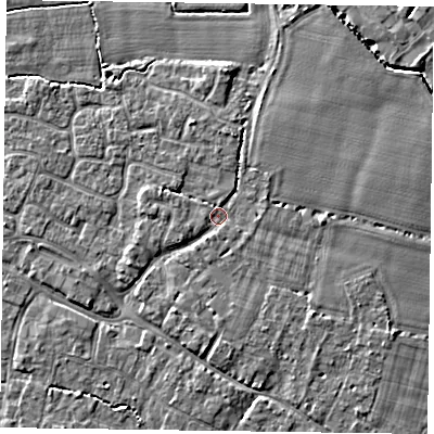 Shaded relief map of the ground around PO208PS, computed from Environment Agency LiDAR. The ground here sits at about 5 m above sea level and falls 3 m across the surrounding 800 m. Surface water reaching this point runs off ground lying to the west, 1.5 m higher.