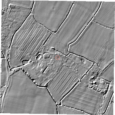 Shaded relief map of the ground around PO208PT, computed from Environment Agency LiDAR. The ground here sits at about 6 m above sea level and falls 4 m across the surrounding 800 m. Surface water reaching this point runs off ground lying to the north-north-east, 0.7 m higher.