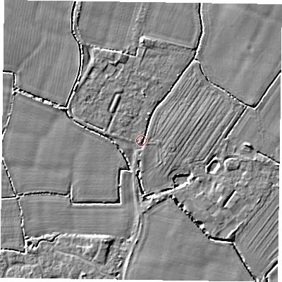 Shaded relief map of the ground around PO208PU, computed from Environment Agency LiDAR. The ground here sits at about 6 m above sea level and falls 4 m across the surrounding 800 m. Surface water reaching this point runs off ground lying to the north-north-west, 1.2 m higher.