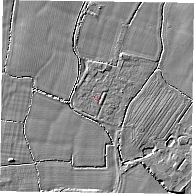 Shaded relief map of the ground around PO208PY, computed from Environment Agency LiDAR. The ground here sits at about 6 m above sea level and falls 4 m across the surrounding 800 m. The ground contributing surface water to this point lies to the north-west.