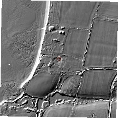 Shaded relief map of the ground around PO208QH, computed from Environment Agency LiDAR. The ground here sits at about 5 m above sea level and falls 10 m across the surrounding 800 m. Surface water reaching this point runs off ground lying to the east-north-east, 2.7 m higher.